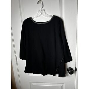 Chicos Black Knit top 3/4 Sleeve Faux Leather‎ Trim Chicos Size 0 Women Size 4